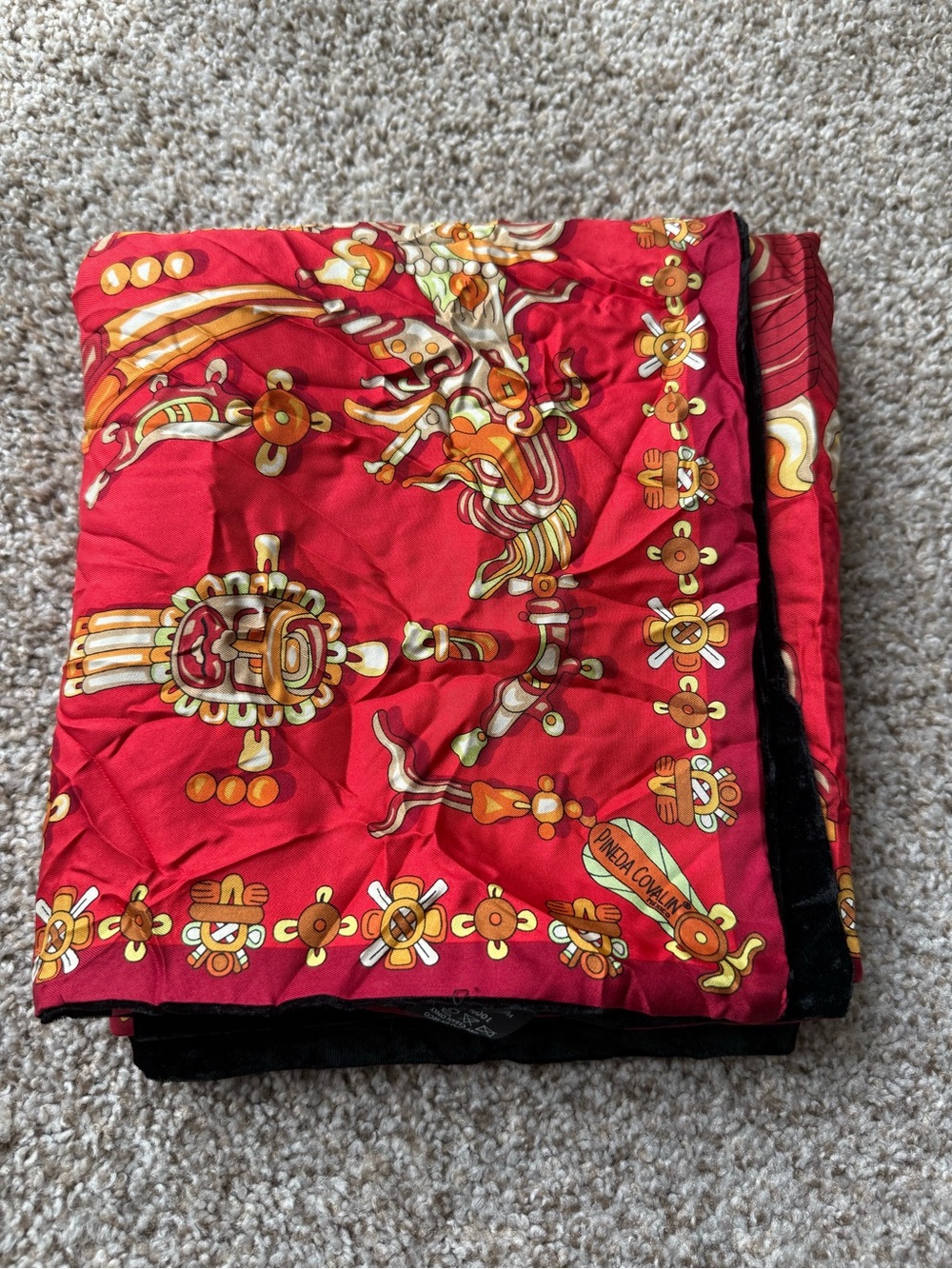 Pineda Covalin 100% Silk Velvet Shawl Scarf Aztec Mayan Mexico Luxury Red Rare
